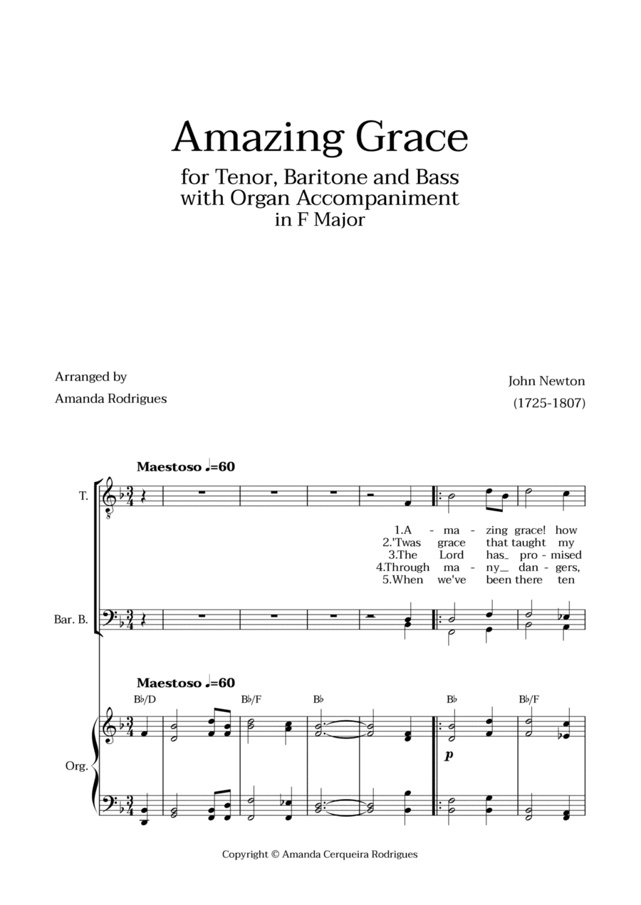 Amazing Grace in F Major - Tenor, Bass and Baritone with Organ Accompaniment and Chords