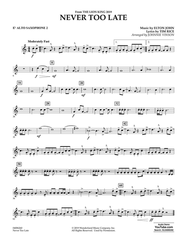 Never Too Late (from The Lion King 2019) (arr. Johnnie Vinson) - Eb Alto Saxophone 2