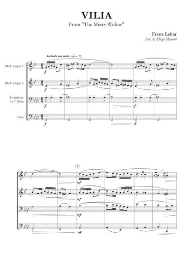 Vilia from "The Merry Widow" for Brass Quartet