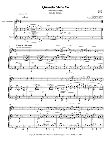 Quando Me'n Vo for Eb Alto Saxophone & Piano