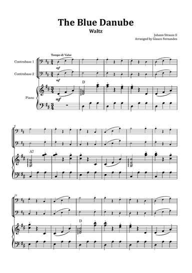 The Blue Danube - Double Bass Duet with Piano and Chord Notations