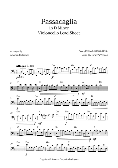 Passacaglia - Easy Cello Lead Sheet in Dm Minor (Johan Halvorsen's Version)