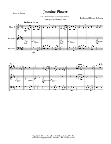 JASMINE FLOWER - Traditional Chinese Folk Song, Woodwind Trio, Intermediate Level for flute, clarine