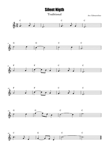 Piccolo Sheet Music for Christmas Song "Silent Nigth" to Beginners ( with Chords Symbols )