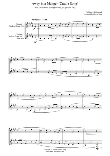 Away in a Manger (Cradle Song) (for Eb-clarinet duet, suitable for grades 2-6)