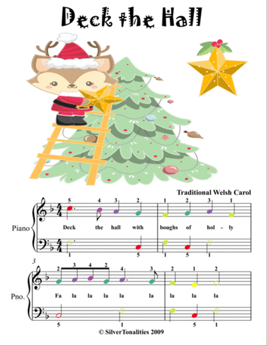 Deck the Hall Easiest Piano Sheet Music with Colored Notes