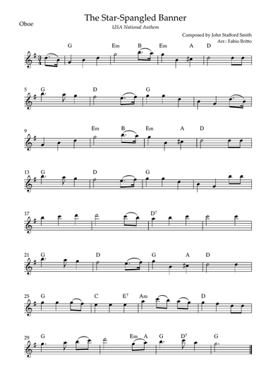 The Star Spangled Banner (USA National Anthem) for Oboe Solo with Chords (G Major)