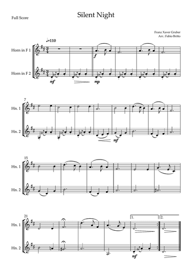 Silent Night (Christmas Song) for Horn in F Duo