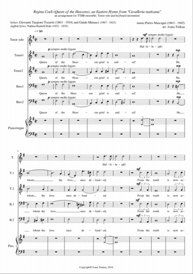 Queen of the Heavens (Regina Coeli), G major, TTBB, T solo, piano/organ, cut version