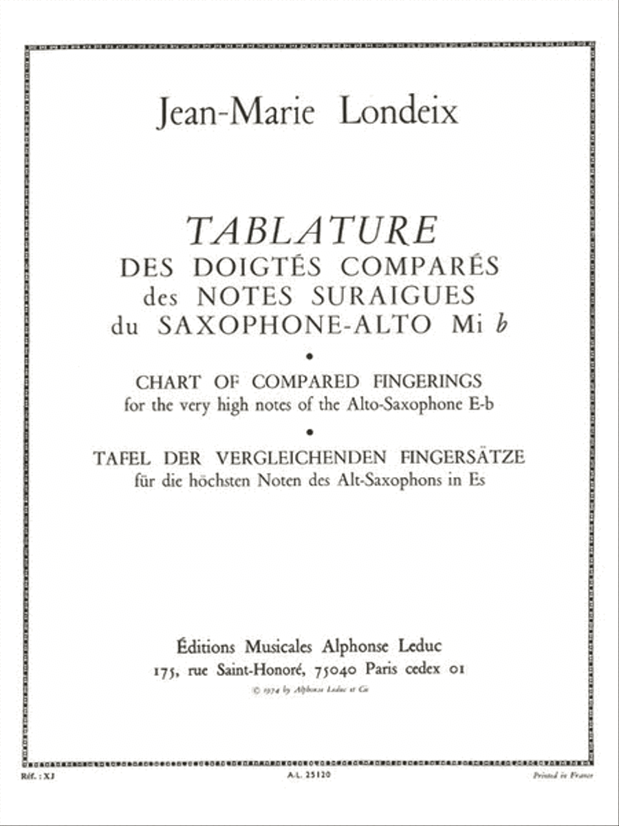 Tablature Des Doigtes Compares Des Notes Sur-aigues (saxophone Solo