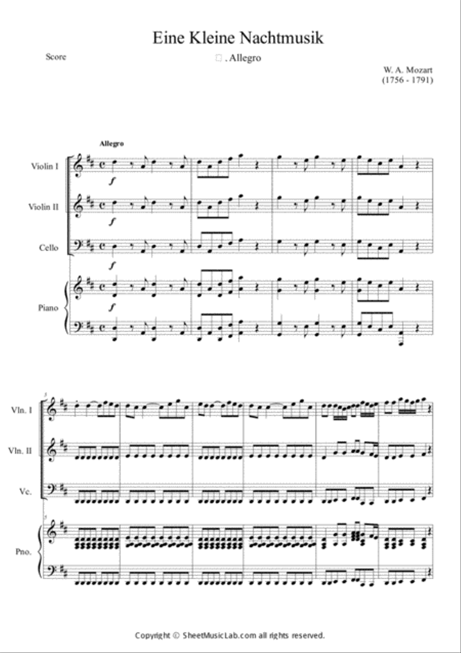 Serenade No.13 "Eine Kleine Nachtmusik" in G major, K.525 1.Allegro Easy & Short In D