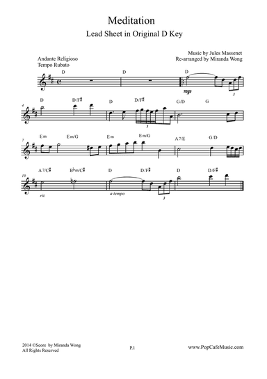 Meditation (from Thais) - Lead Sheet in Original D Key