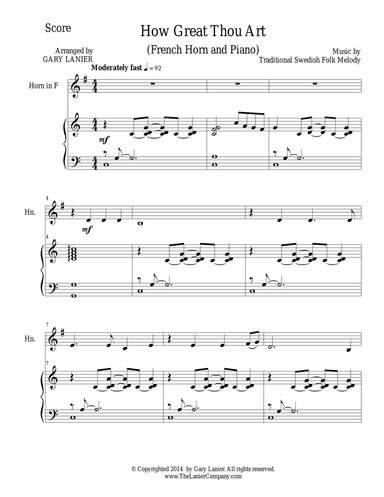 HOW GREAT THOU ART, Horn in F and Piano (Score & Parts included)
