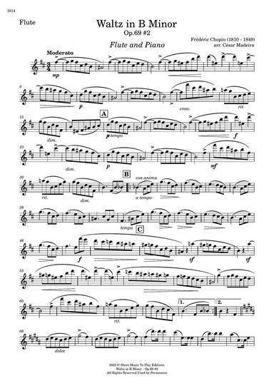 Waltz Op.69 No.2 in B Minor by Chopin - Flute and Piano (Individual Parts)