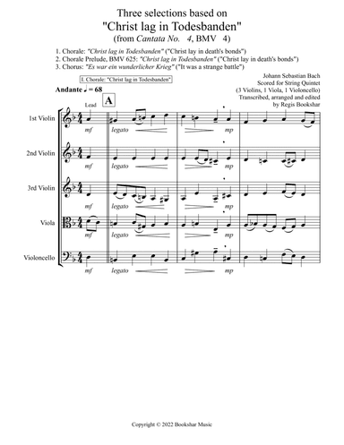 Three selections based on "Christ lag in Todesbanden" (String Quintet - 3 Violin, 1 Viola, 1 Cello)