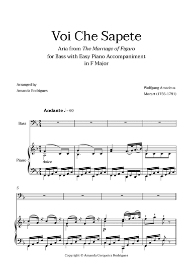 Voi Che Sapete from "The Marriage of Figaro" - Easy Bass and Piano Aria Duet in F Major