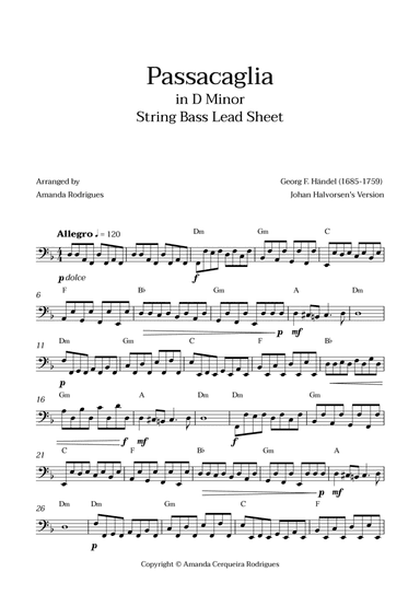 Passacaglia - Easy String Bass Lead Sheet in Dm Minor (Johan Halvorsen's Version)