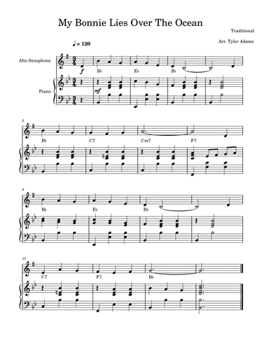 My Bonnie Lies Over The Ocean (Easy Alto Sax)