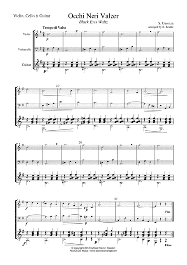 Occhi Neri Valzer / Black Eyes Italian Waltz for violin, cello and guitar