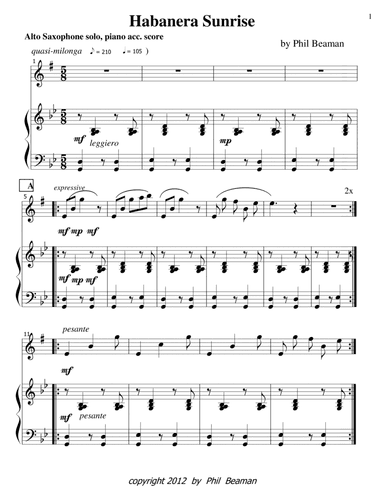 Habanera Sunrise-alto sax, piano