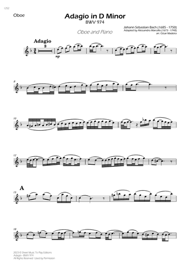 Adagio (BWV 974) - Oboe and Piano (Individual Parts)