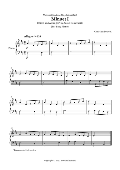 Minuet I Bach, A. M. (Book) | C. Petzold | D Major (#03/12 Keys) — For Easy Piano — Sheet music