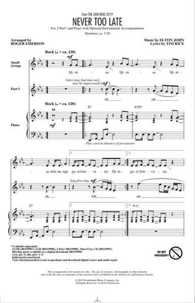 Never Too Late (from The Lion King 2019) (arr. Roger Emerson)