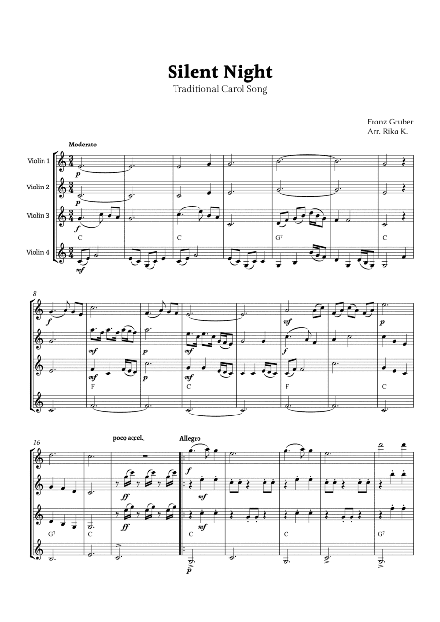 Silent Night for Violin Quartet