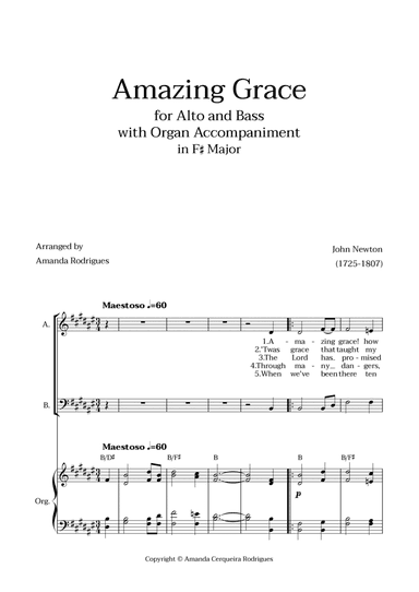 Amazing Grace in F# Major - Alto and Bass with Organ Accompaniment and Chords