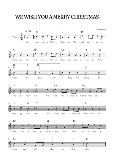 We Wish You a Merry Christmas for flute • easy Christmas sheet music with chords and lyrics