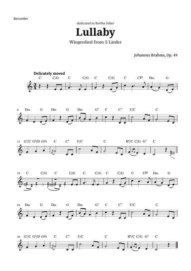 Wiegenlied (lullaby) by Brahms for Recorder and Chords