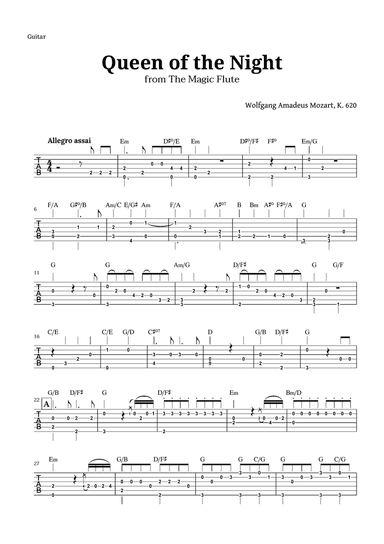 Queen of the Night by Mozart for Guitar TAB with Chords