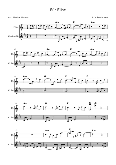 Fur Elise - Beethoven Flute and Clarinet (Score and Chords)