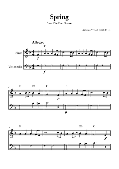 Spring from 'The Four Seasons' by Vivaldi - Easy Flute and Cello Duet with Chords