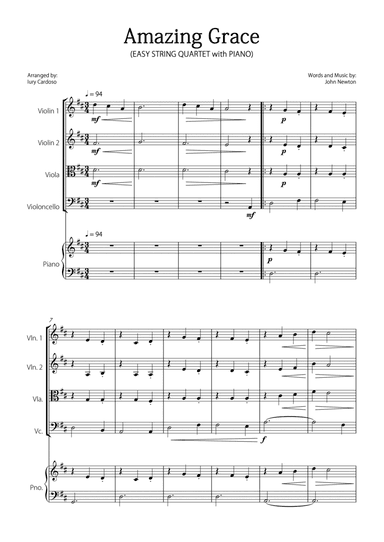 "Amazing Grace" (Easy String Quartet with Piano)