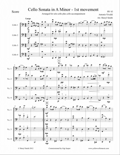 Vivaldi Cello Sonata in A Minor, all four movements, arranged for solo cello plus three cello acc