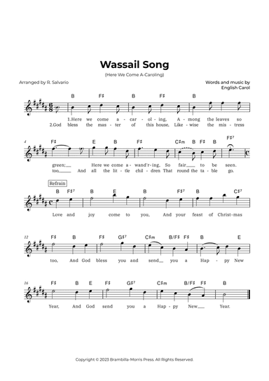 Wassail Song (Here We Come A-Caroling) - Key of B Major