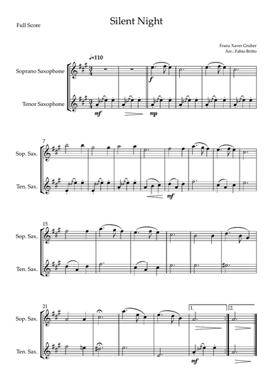 Silent Night (Christmas Song) for Soprano Saxophone & Tenor Saxophone Duo