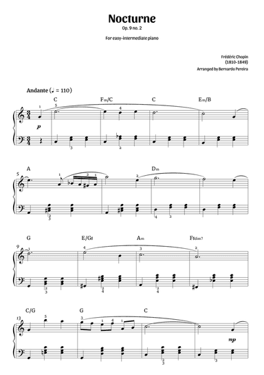 Nocturne Op. 9 no. 2 (easy-intermediate piano – C major)