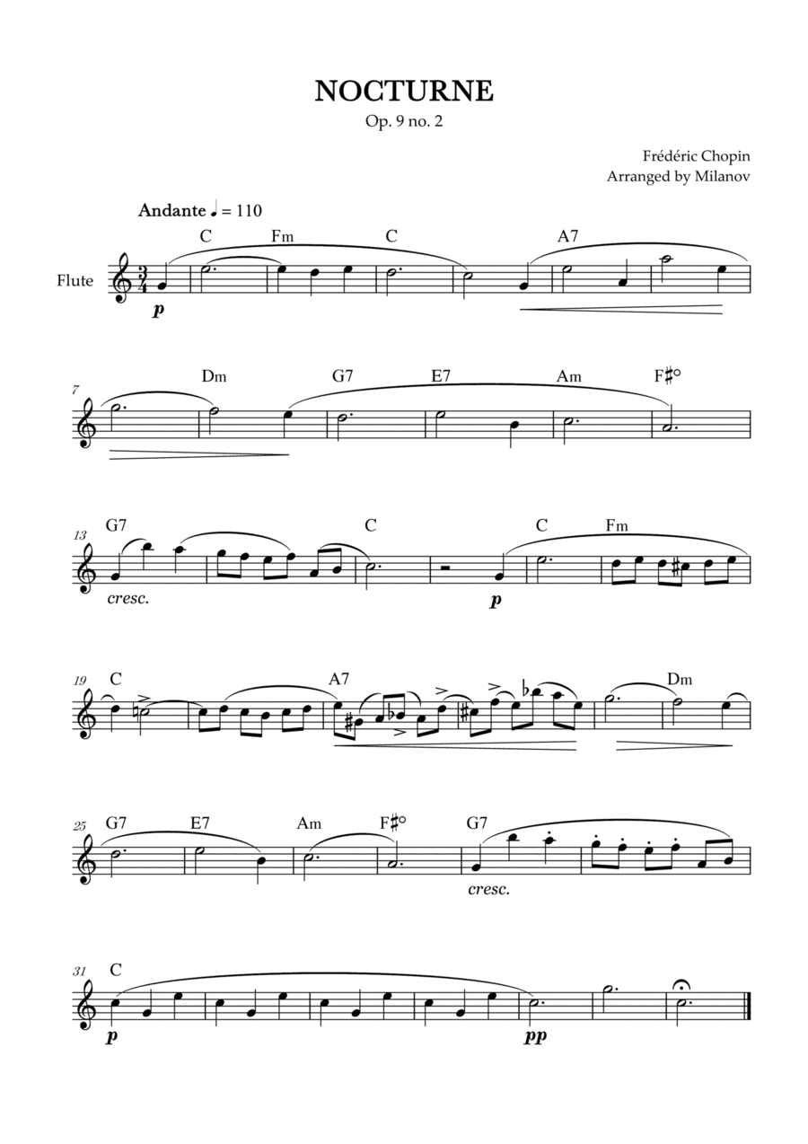 Chopin Nocturne op. 9 no. 2 | Flute | C Major | Chords | Easy beginner
