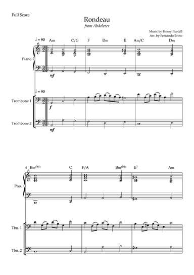 Rondeau (from Abdelazer) for Trombone Duo and Piano Accompaniment with Chords