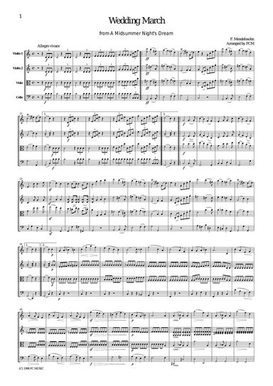 Mendelssohn Wedding March from A Midsummer Night's Dream, for string quartet, CM201