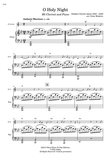 O Holy Night - Bb Clarinet and Piano - W/Chords (Full Score and Parts)