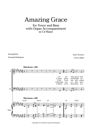 Amazing Grace in C# Major - Tenor and Bass with Organ Accompaniment and Chords