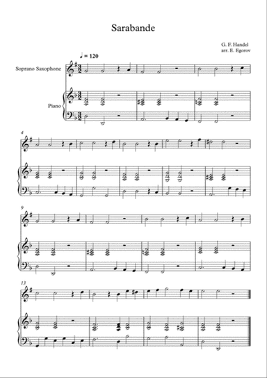 Sarabande, George Frideric Handel, For Sorano Saxophone & Piano