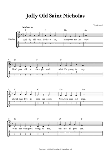 Jolly Old Saint Nicholas - For Ukulele (F Major - with TAB, Chords and Lyrics)