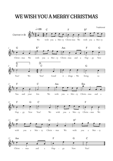 We Wish You a Merry Christmas for clarinet • easy Christmas sheet music with chords and lyrics
