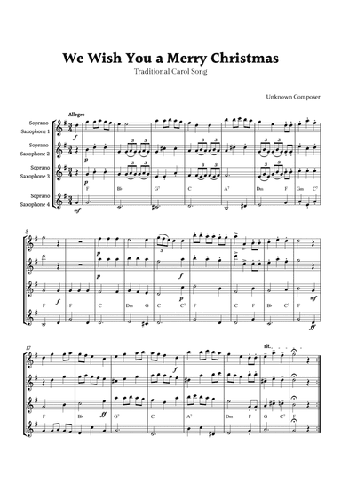 We Wish you a Merry Christmas for Soprano Sax Quartet with Chords