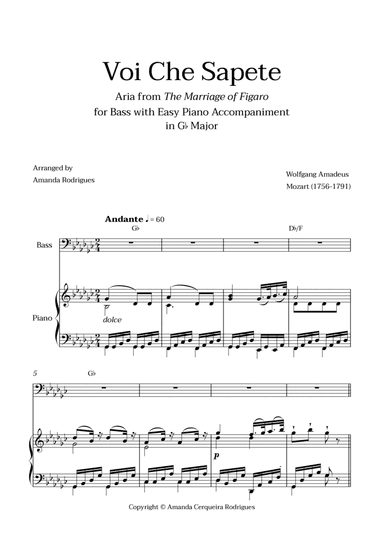 Voi Che Sapete from "The Marriage of Figaro" - Easy Bass and Piano Aria Duet with Chords in Gb Major