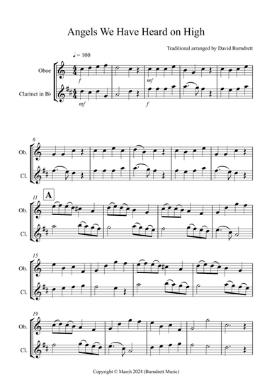 Angels We Have Heard on High for Oboe and Clarinet Duet